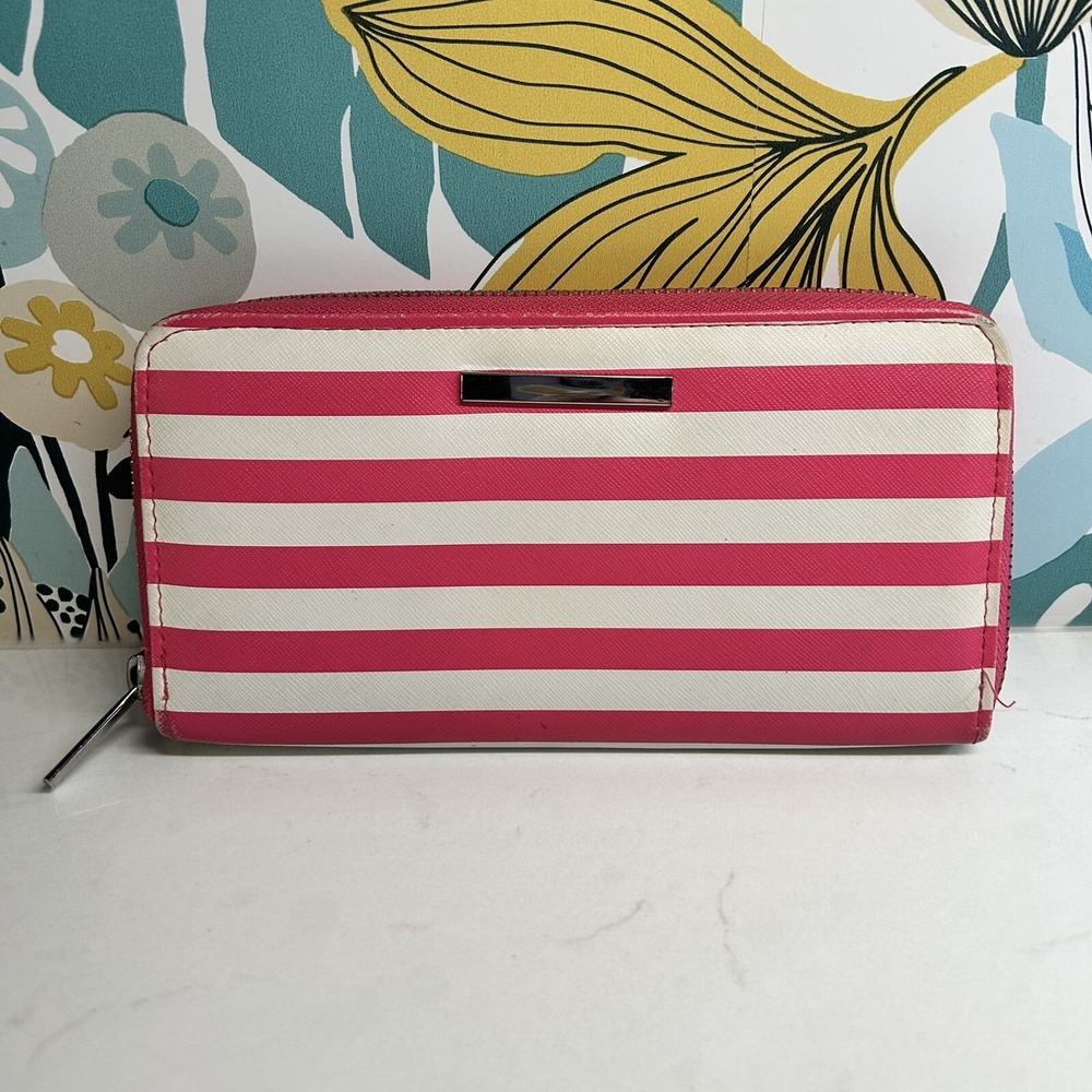 Pink And White Striped Zip Around Women's‎ Wallet